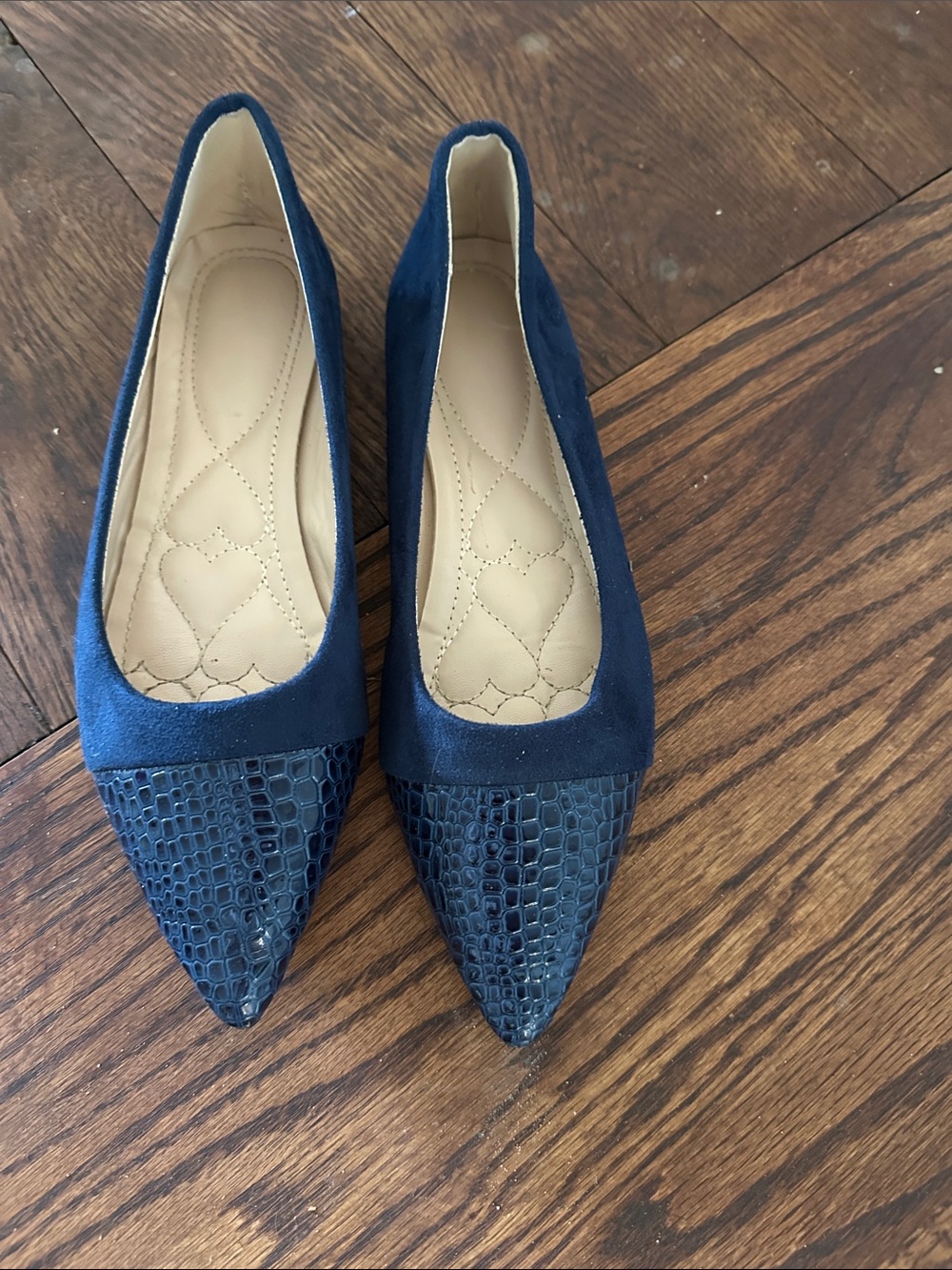 Pointed Toe Navy Suede Flats with Textured Cap Toe
